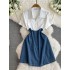 Summer new 2024 Hepburn style contrasting denim patchwork dress, feminine high waisted, age reducing A-line short skirt