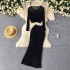 European and American style minimalist and fashionable thin knit suit for women with distressed design+high waisted slimming long skirt