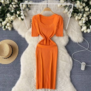 Medium length knitted dress for women in summer, slim cut, socialite temperament, sexy square neck, bubble sleeves, slim fit, slimming skirt