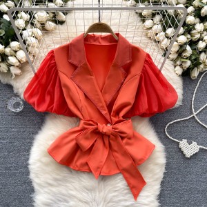 Light luxury and luxurious style, high-end bubble sleeve shirt, women's summer suit, collar tie design, niche lady temperament top