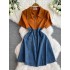 Summer new 2024 Hepburn style contrasting denim patchwork dress, feminine high waisted, age reducing A-line short skirt