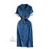 Blue retro Chinese style short sleeved denim dress for women in the summer of 2024, new high-end feeling, waistband, mid length skirt