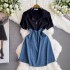 Summer new 2024 Hepburn style contrasting denim patchwork dress, feminine high waisted, age reducing A-line short skirt