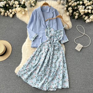 French haute couture loose, sweet and salty set women's long sleeved suit jacket+floral fairy suspender dress