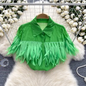 Light luxury and high-end shirt for women's summer wear 2024, new design with unique and versatile style. Thin fringe patchwork top trend