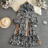 High end, light luxury, elegant lantern, long sleeved, bow tie, waistband, slimming effect, single breasted A-line printed dress