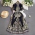 Spring/Summer Palace Style Retro High end Printed Chiffon Dress Women's Waistband Slim Single breasted Celebrity Long Dress