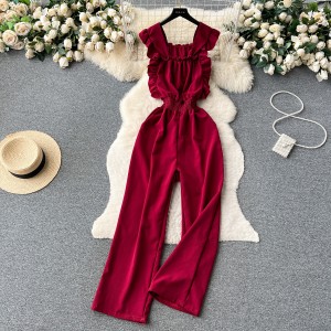 Women's 2024 Summer New Age Reducing Ruffle Edge Flying Sleeves Elastic Waist Slimming Wide Leg jumpsuit for Women