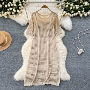 Korean style sweet and lazy style layered two-piece set for women's hollowed out knitted short sleeved dress paired with suspender bottom skirt