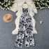 Summer vacation outfit for women's versatile long sleeved shawl cardigan jacket+waist cinched suspender printed jumpsuit two-piece set