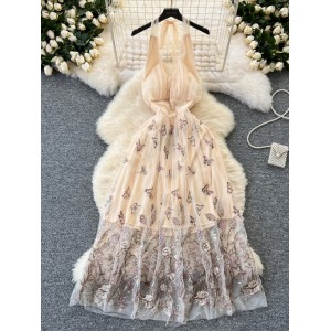 Celebrity temperament, high-end sense, hanging neck dress, women's sexy sleeveless backless sequin embroidered mesh suspender holiday dress