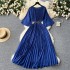 Summer new European and American niche light luxury retro elegant pleated long skirt with waist cinching and slim temperament flared sleeve dress