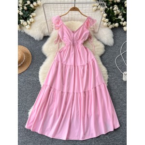 Sweet camisole with small flying sleeves and waist cinching dress for women, showing a slim temperament and super fairy like temperament. Forest style strapless backless ruffled edge long skirt