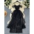 High end elegant dress, female niche, socialite style, one shoulder strap, mesh patchwork, sequin split long dress