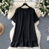 Short sleeved dress for women's summer 2024, new high-end feel, heavy industry hot diamond round neck loose A-line ruffled edge short skirt