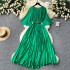 Summer new European and American niche light luxury retro elegant pleated long skirt with waist cinching and slim temperament flared sleeve dress