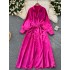 European and American retro high-end satin dress, women's loose waistband, long sleeved single breasted shirt, skirt long skirt