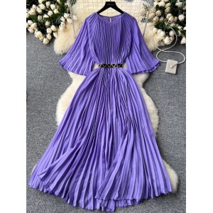 Summer new European and American niche light luxury retro elegant pleated long skirt with waist cinching and slim temperament flared sleeve dress