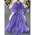 Summer new European and American niche light luxury retro elegant pleated long skirt with waist cinching and slim temperament flared sleeve dress