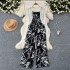 Summer vacation outfit for women's versatile long sleeved shawl cardigan jacket+waist cinched suspender printed jumpsuit two-piece set