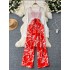 Summer vacation outfit for women's versatile long sleeved shawl cardigan jacket+waist cinched suspender printed jumpsuit two-piece set