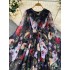 European and American socialite retro court dress, women's waist reduction, age reducing temperament, speaker long sleeved printed chiffon A-line long skirt