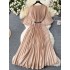 Summer new European and American niche light luxury retro elegant pleated long skirt with waist cinching and slim temperament flared sleeve dress