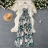 Summer vacation outfit for women's versatile long sleeved shawl cardigan jacket+waist cinched suspender printed jumpsuit two-piece set