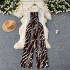 Summer vacation outfit for women's versatile long sleeved shawl cardigan jacket+waist cinched suspender printed jumpsuit two-piece set