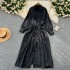 European and American retro high-end satin dress, women's loose waistband, long sleeved single breasted shirt, skirt long skirt