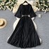 Summer new European and American niche light luxury retro elegant pleated long skirt with waist cinching and slim temperament flared sleeve dress