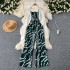 Summer vacation outfit for women's versatile long sleeved shawl cardigan jacket+waist cinched suspender printed jumpsuit two-piece set