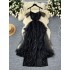 High end elegant dress, female niche, socialite style, one shoulder strap, mesh patchwork, sequin split long dress