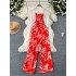 Summer vacation outfit for women's versatile long sleeved shawl cardigan jacket+waist cinched suspender printed jumpsuit two-piece set