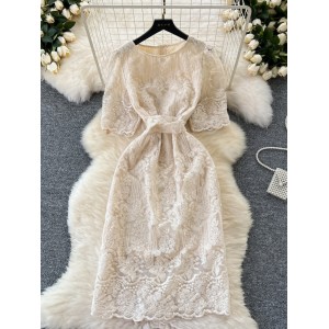 French Vintage Lace Hook Embroidered Dress for Women with Waist Tie Round Neck and Bubble Sleeves, Elegant and Fairy Dress