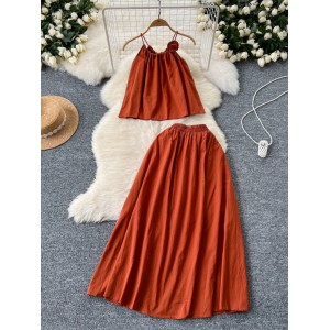 Korean Sweetheart Set Women's High end Flower Hanging Neck Strap Top+High Waist Large Swing Half skirt Pure Desire Set