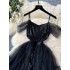 High end elegant dress, female niche, socialite style, one shoulder strap, mesh patchwork, sequin split long dress