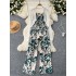 Summer vacation outfit for women's versatile long sleeved shawl cardigan jacket+waist cinched suspender printed jumpsuit two-piece set