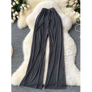 High waisted versatile casual pants, new summer style drawstring waist loose wide leg straight leg pants, pleated thin long pants