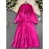 European and American retro high-end satin dress, women's loose waistband, long sleeved single breasted shirt, skirt long skirt