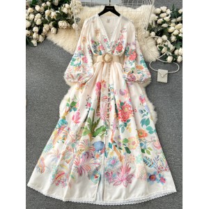 French court style dress, women's sweet lace lace lace V-neck buckle slim fit long design, printed dress