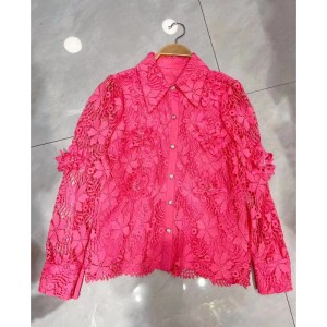 French style super beautiful lace hollow hook flower top with lapel and long sleeved shirt for women