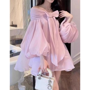 Thai designer butterfly knot bubble sleeve off shoulder organza romantic style dress in 3 colors