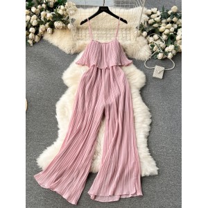 Ins vacation style jumpsuit women's sweet ruffled edge strapless slim fit long heavy pleated camisole wide leg pants