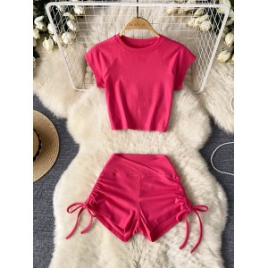 American casual sports yoga suit set sexy short slim fit t-shirt with drawstring high waist and hip hugging shorts two-piece set