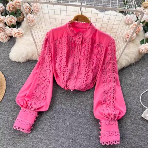 High end niche design hook flower temperament long sleeved shirt top for autumn women, loose and versatile, stylish and beautiful small shirt