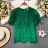 2024 Summer Retro Palace Style Bubble Short Sleeve Round Neck Hook Flower Hollow Loose Shirt Women's Western Style Top