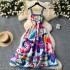 European and American vacation printed dress, women's summer design, wave edge splicing, waist cinching, slimming effect, large swing suspender long skirt