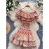 Hollow embroidery two-piece set of female sexy one shoulder lotus leaf edge waist exposed top+high waist fluffy skirt