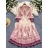 2024 new vacation style dress for women, European and American retro lantern sleeves, single breasted waist cinched pleated printed long skirt